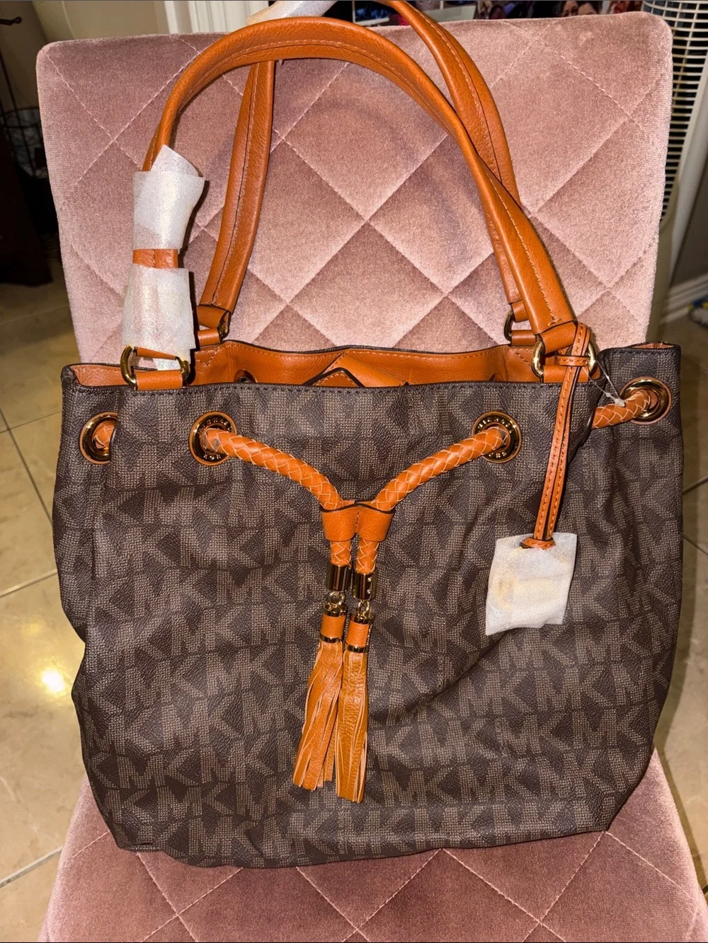 Michael Kors Brown Logo Drawstring Shoulder Bag with Tan Trim